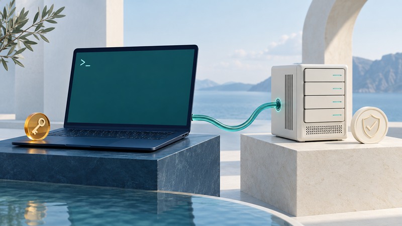 A navy laptop and ivory server connected by a teal conduit, with separate key and verification tokens.