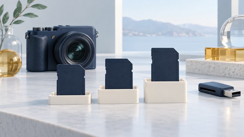 Three blank SD cards stand in ivory trays beside a camera and a separate USB reader.