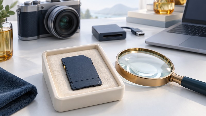 A closed conceptual hinged SD card in an inspection tray beside a camera, reader and laptop.
