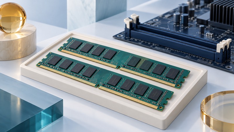 Two DDR2-style memory modules in front of motherboard memory slots.