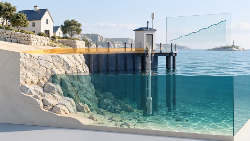 A conceptual coastal cutaway with a tide gauge on a pier, a land reference plane, and an unlabeled trend line.