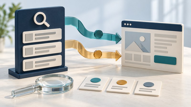 Teal and amber paths connect a navy search panel to an ivory webpage, with a magnifying lens and record cards in front.