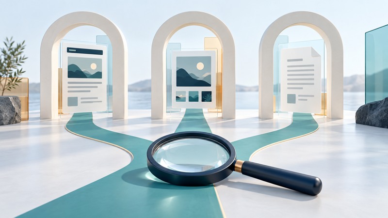 Three portals display webpage, image, and document cards beside a magnifying glass.
