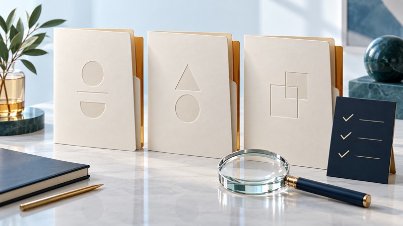 Three proposal folders stand beside an inspection lens and a checklist.