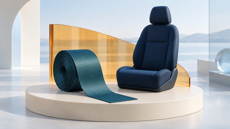 A roll of teal seat-belt webbing sits beside a miniature navy vehicle seat.