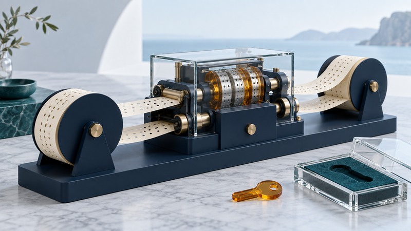 A navy cipher console holds two aligned perforated ivory tapes beside an amber key token and a glass enclosure.
