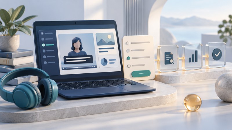 A laptop displays a lesson and caption bars beside a headset, quiz card and glass review blocks.