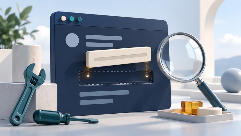 An ivory label block aligns with an input slot on a navy browser panel beside repair tools and an inspection lens.