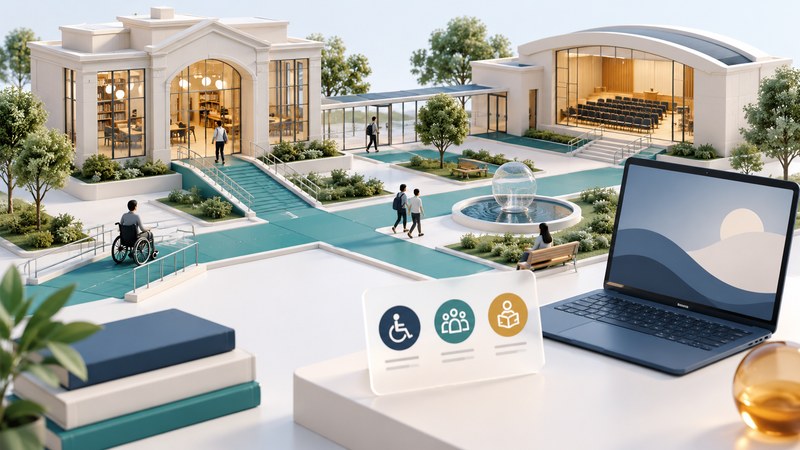 An ivory campus model with connected paths stands beside a laptop and a learning-services card.