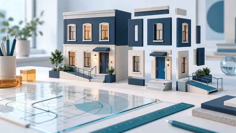 A modular building model is separated into components beside a glass plan and teal ruler.