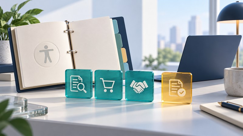 An open binder and laptop sit behind teal procurement tiles and an amber evidence tile.