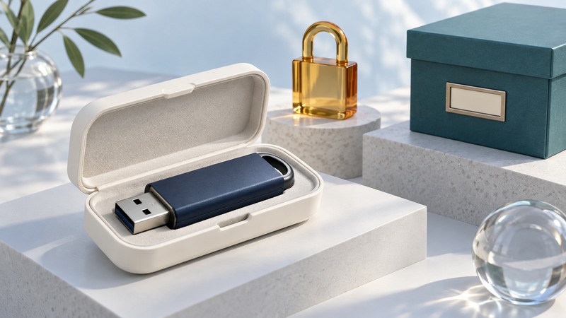 A navy USB drive rests in an ivory case beside an amber padlock sculpture and a separate teal archive box.