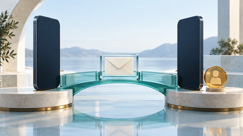 Two communication devices linked by a teal bridge with a separate identity token.