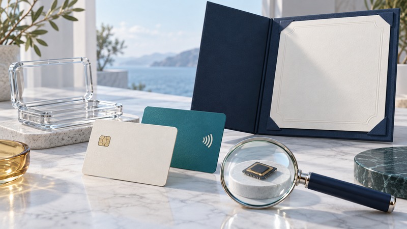 Contact and contactless cards stand beside a blank certificate folder and a magnifying lens over a chip.