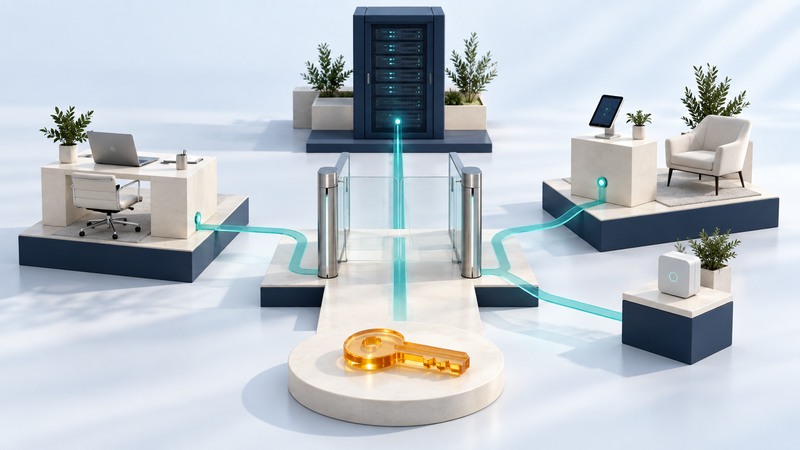 Three device work areas connect through a glass gate to a server, with an amber key in front.