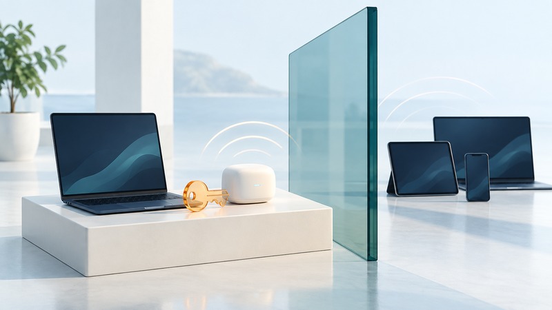 An ivory wireless access point and navy laptop beside an amber key, with other devices beyond a teal glass partition.
