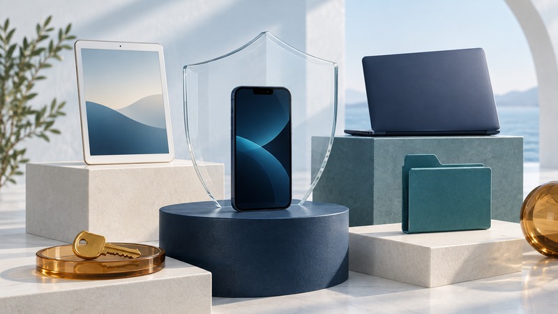 A navy phone stands within a glass shield beside a tablet, laptop, teal folders and an amber key.
