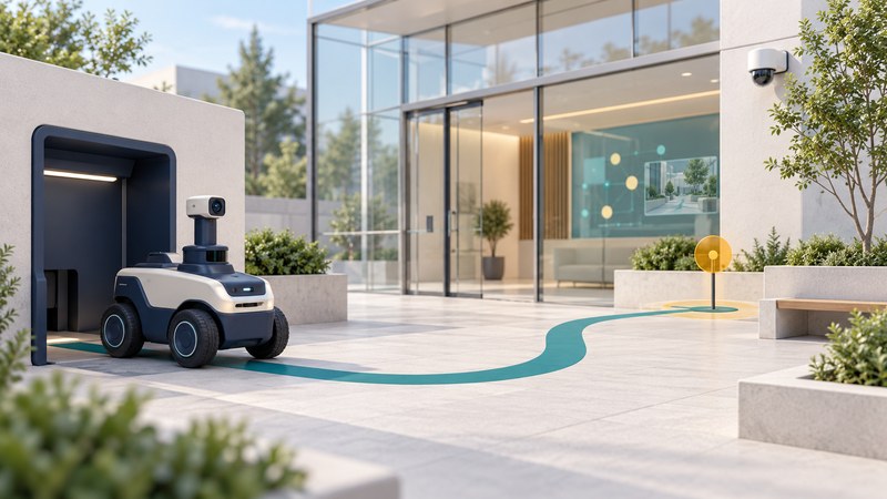 A wheeled patrol robot follows a teal route through a courtyard past a camera, entrance and amber observation marker.