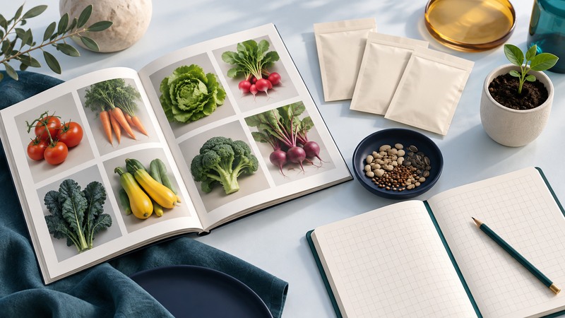 A picture-only seed catalog lies beside blank packets, seeds and a planning notebook.