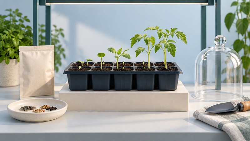 Seedlings at several stages grow in a navy tray beside seeds and an empty glass cover.