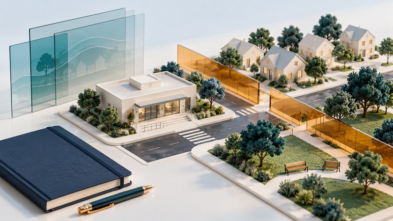 A miniature neighborhood, clinic and park sit beside transparent research panels and a navy notebook.