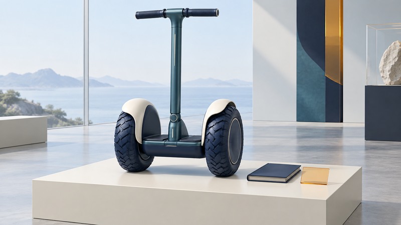 A two-wheel self-balancing transporter on a display plinth beside a manual and service-record card.