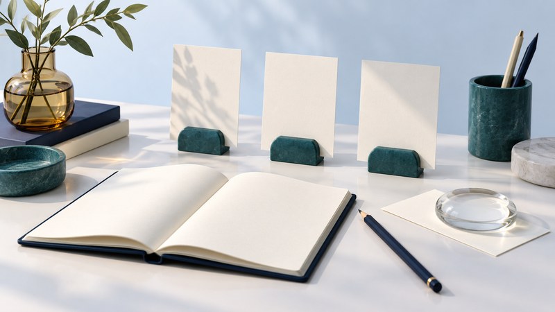 Open notebook and pencil beside three blank cards in teal holders and a clear glass lens.