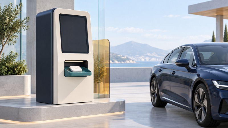 A self-service kiosk with a blank screen presents an ivory toll transponder in a teal tray beside a navy car.