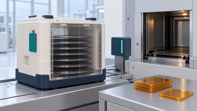A wafer carrier with horizontal silicon wafers, an exterior tag and a nearby reader sits on a conceptual load-port platform.