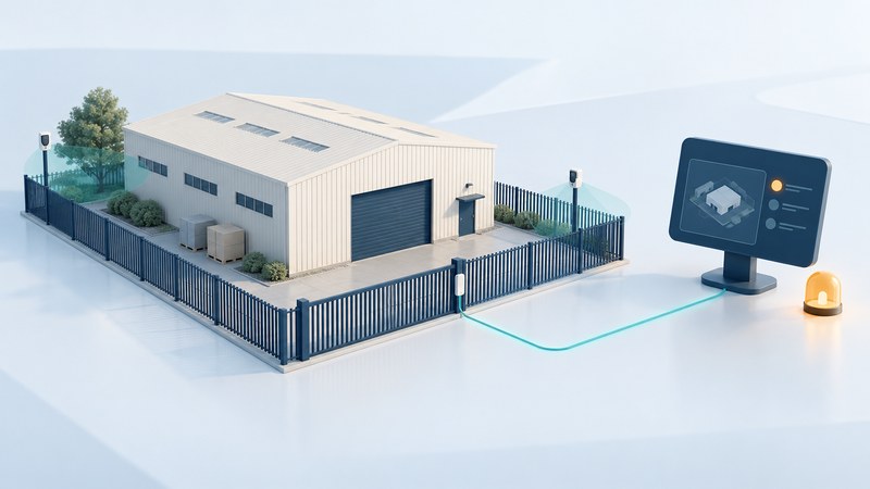 An ivory warehouse inside a navy fence with sensor posts and a teal path to an event-monitoring panel.