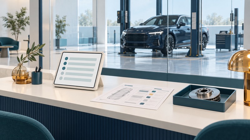 Service reception desk with a blank inspection tablet, paper record and part tray beside a navy car.