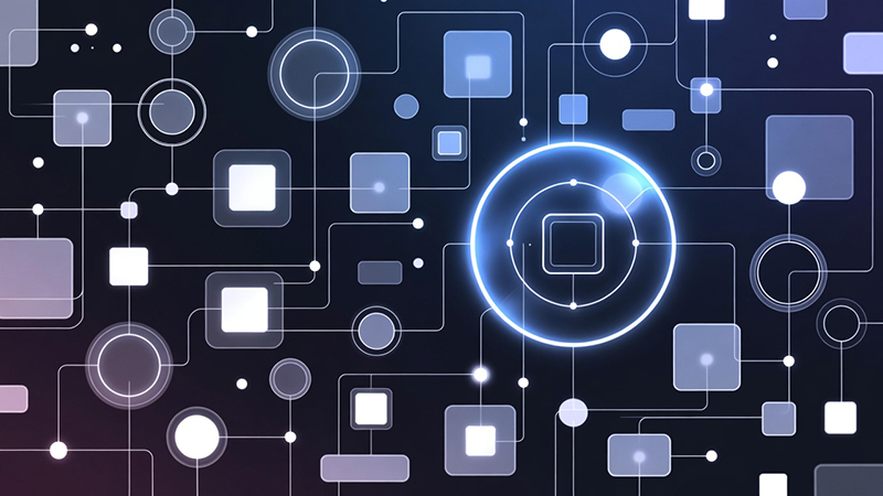 Abstract network of connected blue and violet shapes surrounding a glowing central hub