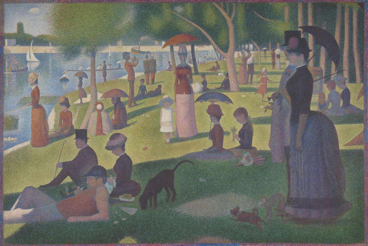 Seurat’s painting of people and animals on a grassy riverbank, with large shaded figures at right and sunlit figures near the center.