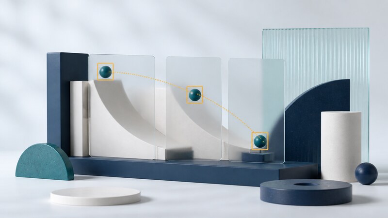 Sequential translucent video panels follow a teal ball with amber tracking boxes and a dotted trajectory.