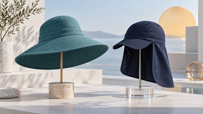 A teal broad-brimmed hat and a navy cap with an extended neck flap stand on separate display bases.