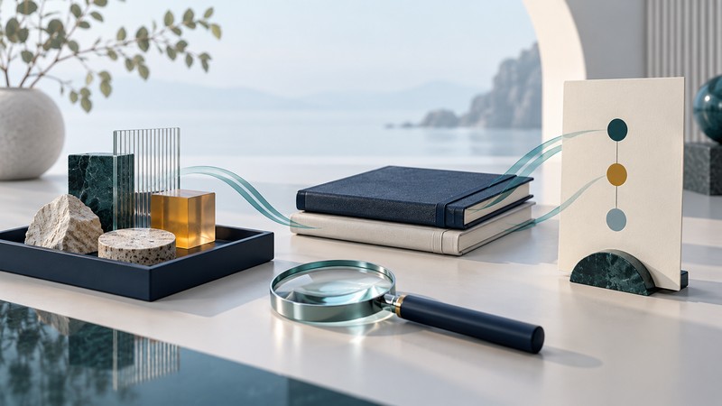 Material samples, engineering notebooks and a shared knowledge record rest beside a magnifying glass.