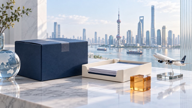 An unbranded parcel and document tray sit beside an aircraft model and a pale city skyline.