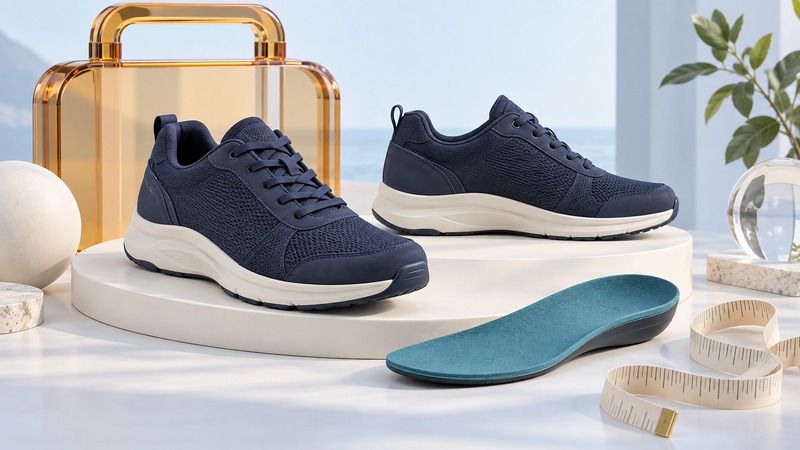 Unbranded navy walking shoes sit beside a removable teal footbed and a measuring tape.