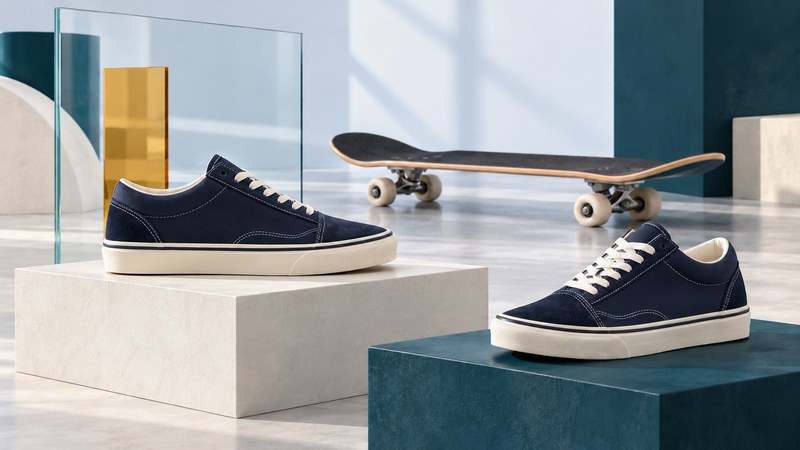 Two plain navy skate-style shoes sit on display plinths with a skateboard behind them.
