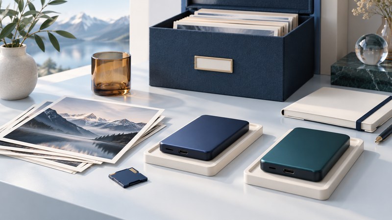 A memory card, photographic prints and two separate drives sit beside an archive box and notebook.