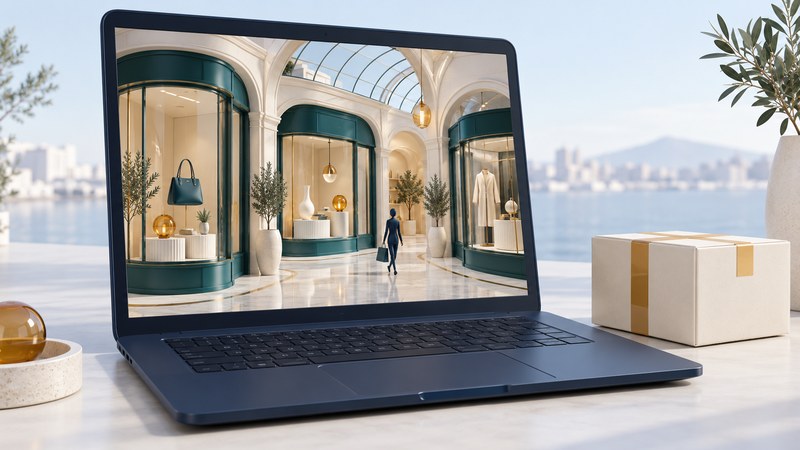 A navy laptop showing a teal virtual shopping arcade beside a physical shipping parcel.