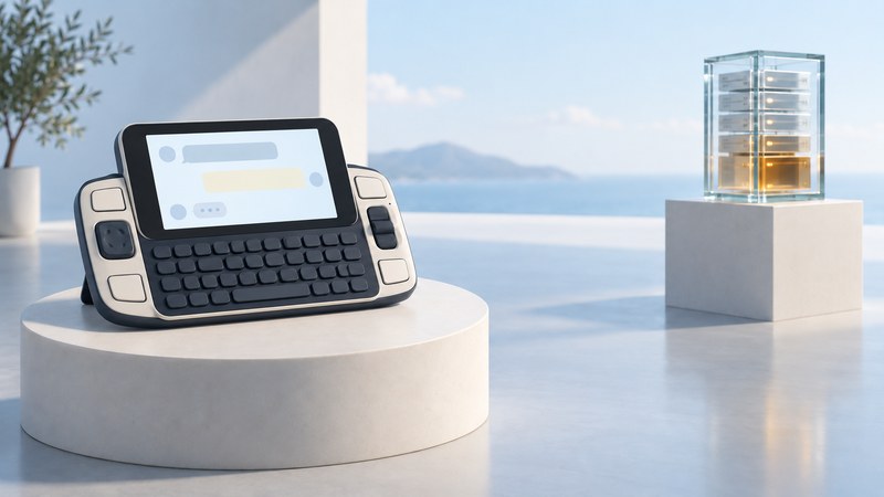 A stylized keyboard messaging handheld and a glass server stand on separate plinths.