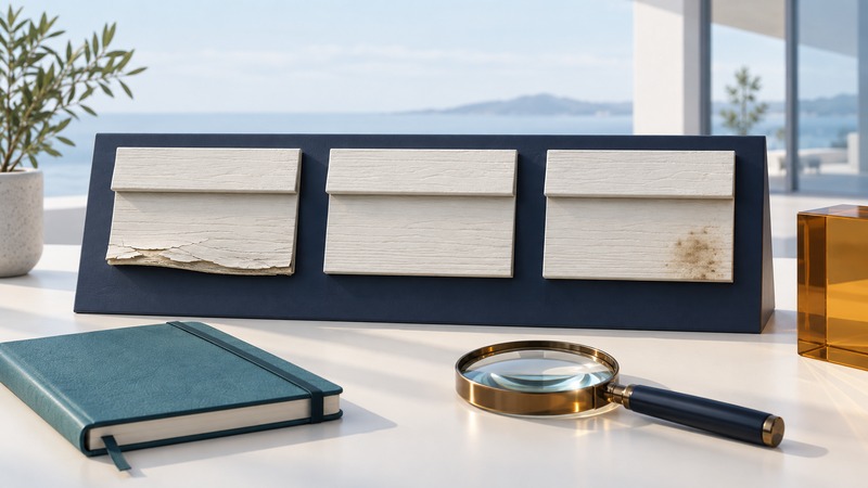 Three siding samples show a damaged lower edge, a sound surface, and a stain beside a notebook and magnifying glass.