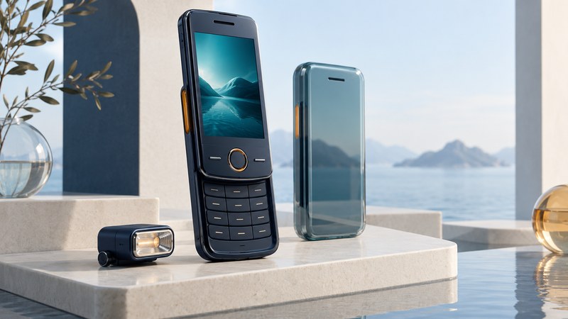 Conceptual open slider phone beside a closed-form silhouette and a separate external flash accessory.