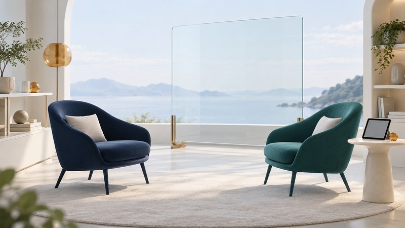 Two chairs facing each other in an open learning space with a blank glass panel and tablet.