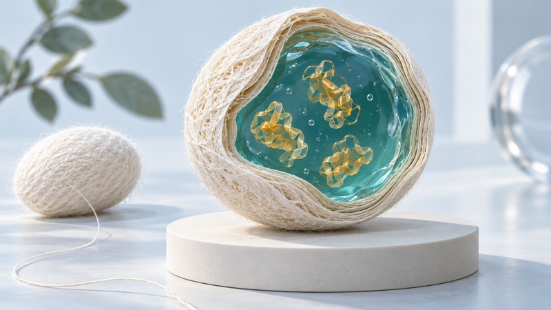 A conceptual enlarged silk capsule cutaway with a teal liquid center and amber protein forms, beside a natural silk cocoon.
