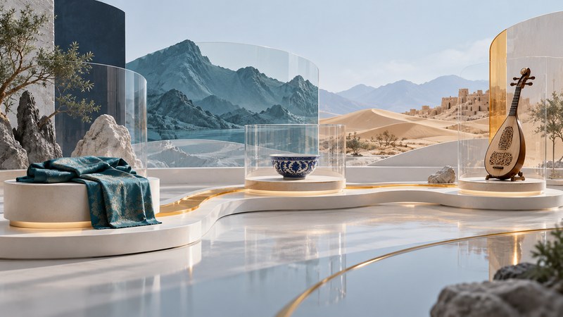 A conceptual exhibition links a silk textile, ceramic bowl, and stringed instrument against mountain and desert relief panels.