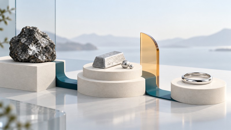 A mineral sample, silver ingot and granules, and polished ring on connected ivory plinths.