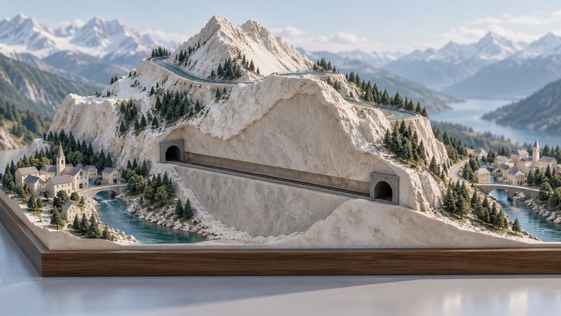 A conceptual Alpine model contrasts a winding surface road with a railway visible through a mountain cutaway.