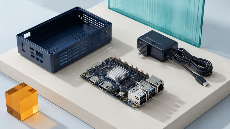 A compact circuit board, ventilated enclosure, and power supply are arranged on an ivory work surface.